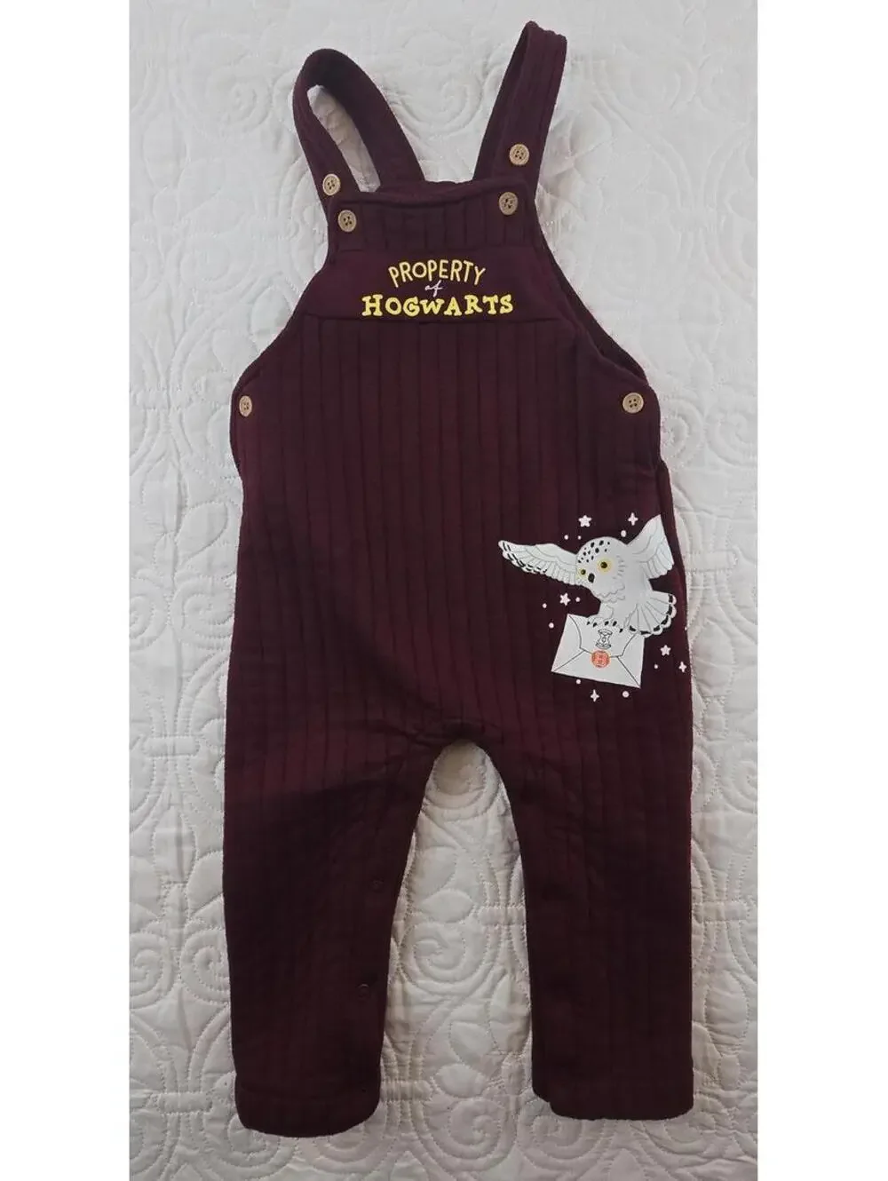 Harry Potter Property of Hogwarts Burgundy Overalls Romper Hedwig Baby 24M